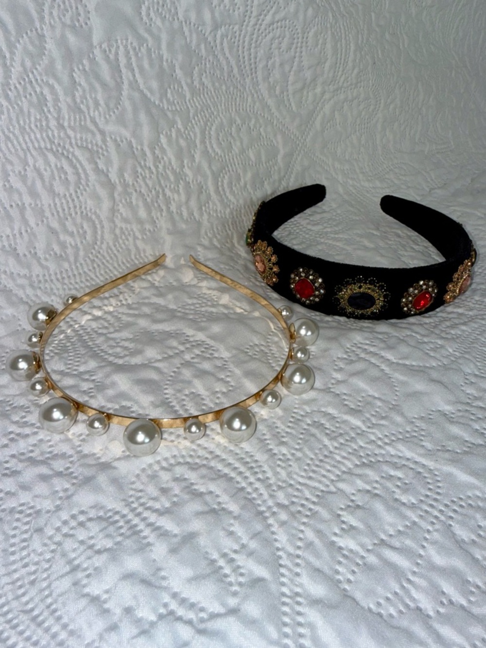 Gold/Pearl and Black/Jewel Headbands (Set/Duo)